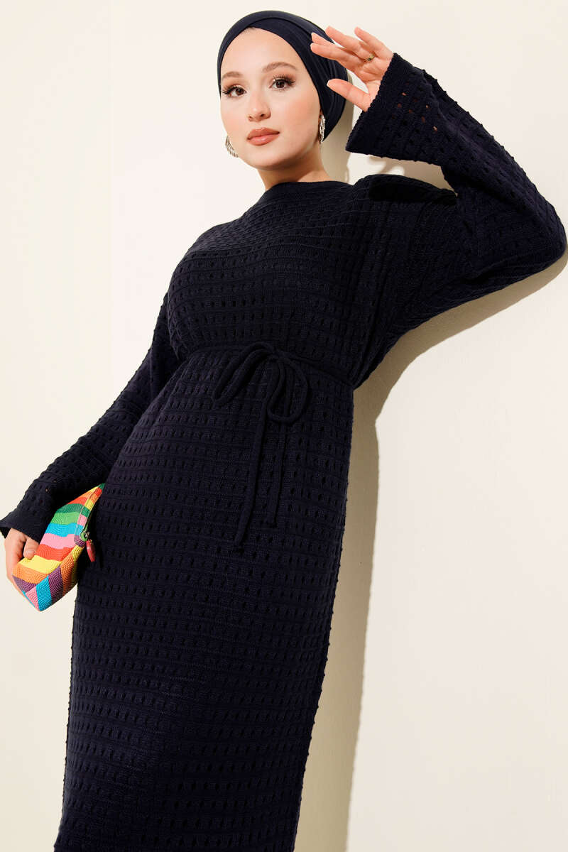 Openwork Knit Dress with Tie Cord - Navy