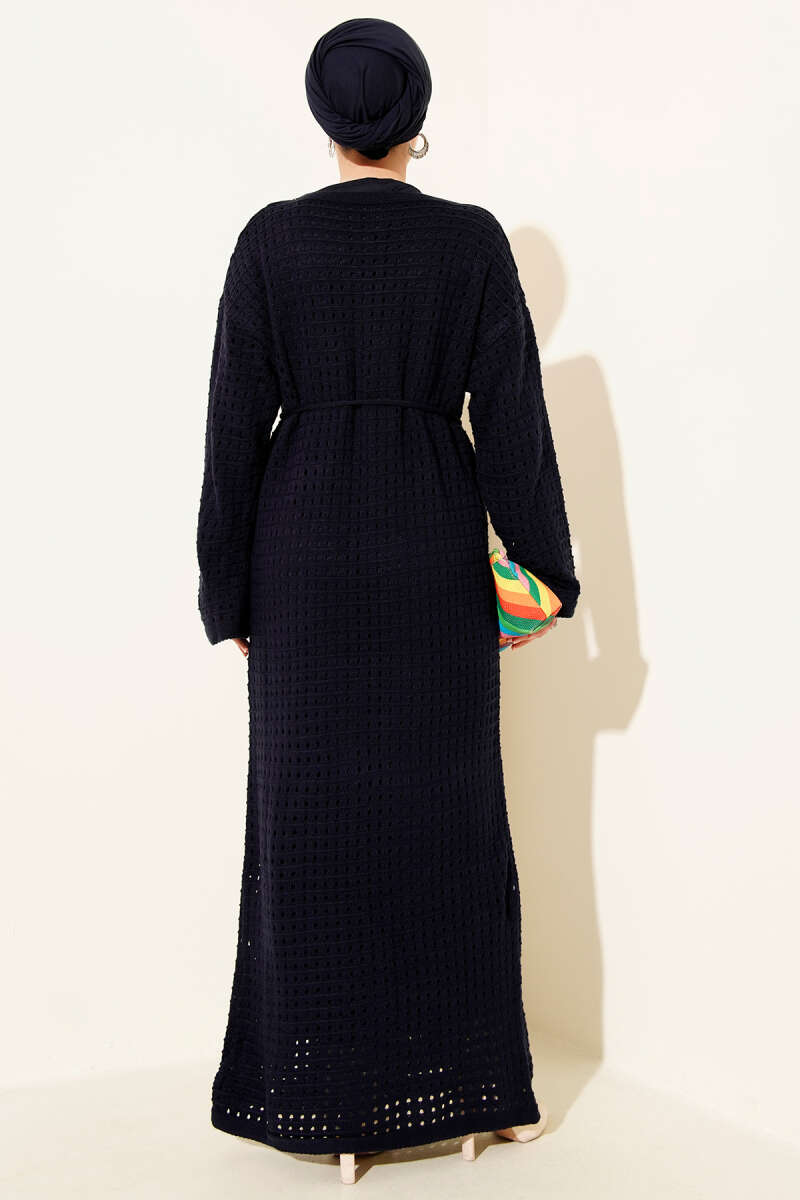 Openwork Knit Dress with Tie Cord - Navy