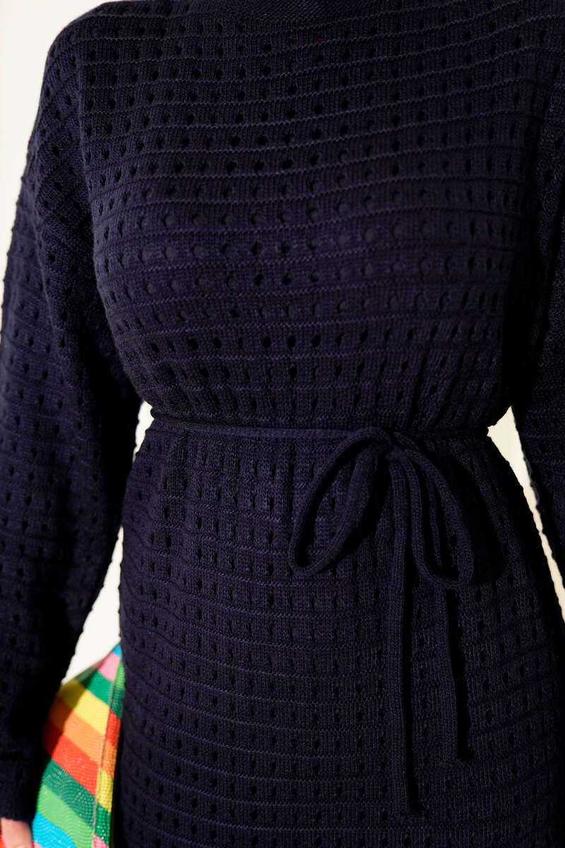 Openwork Knit Dress with Tie Cord - Navy