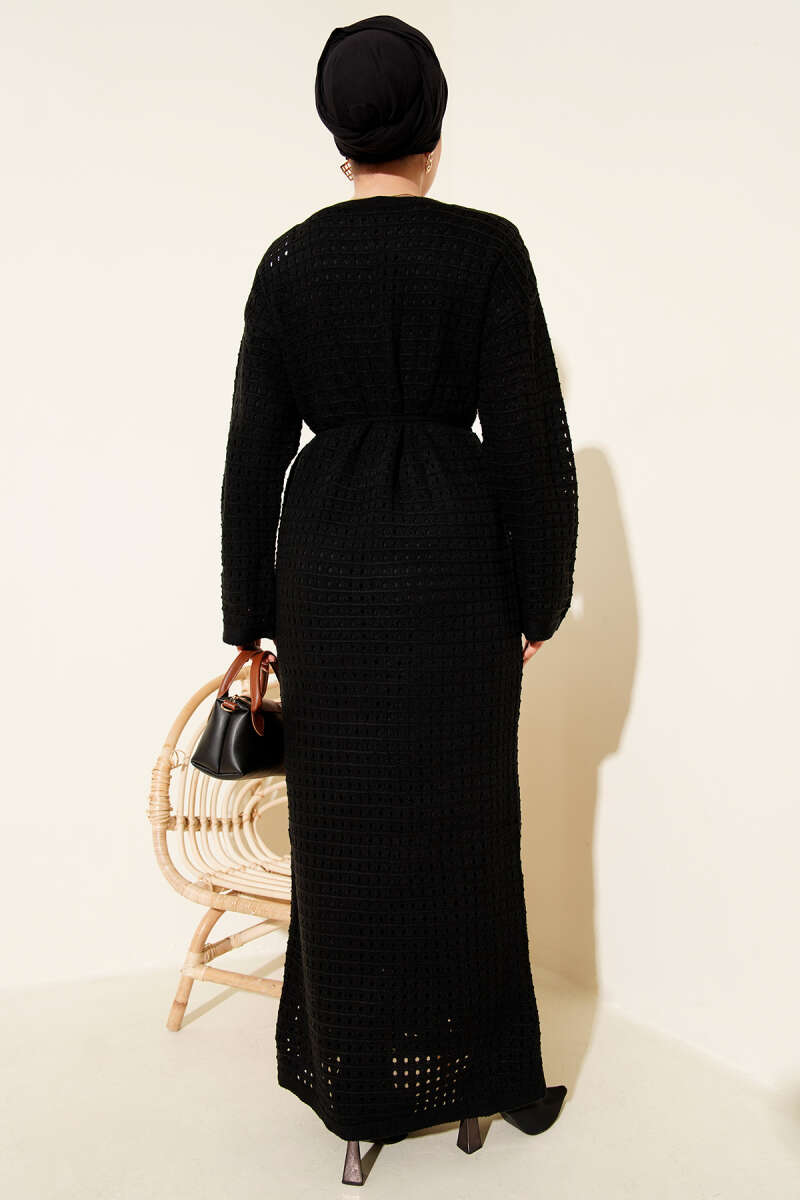 Openwork Knit Dress with Tie Cord - Black