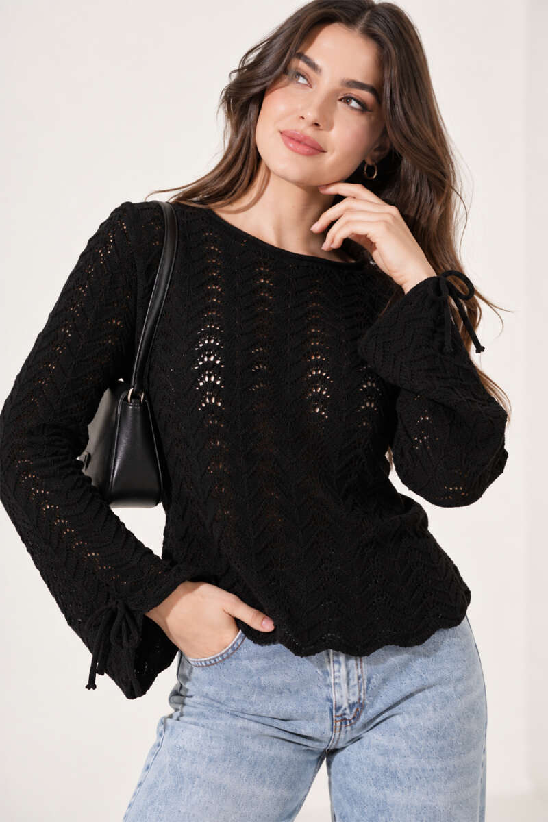 Openwork-Sleeve Knit Blouse with Ties - Black