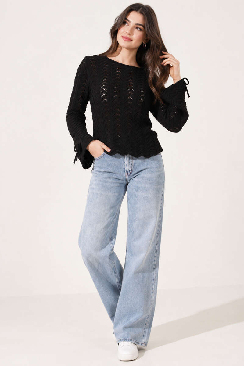 Openwork-Sleeve Knit Blouse with Ties - Black