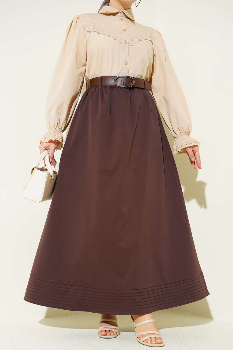 Belted Flared Skirt with Elastic Waist and Buckle - Brown