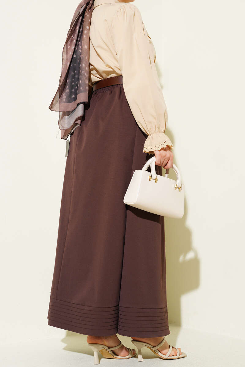Belted Flared Skirt with Elastic Waist and Buckle - Brown