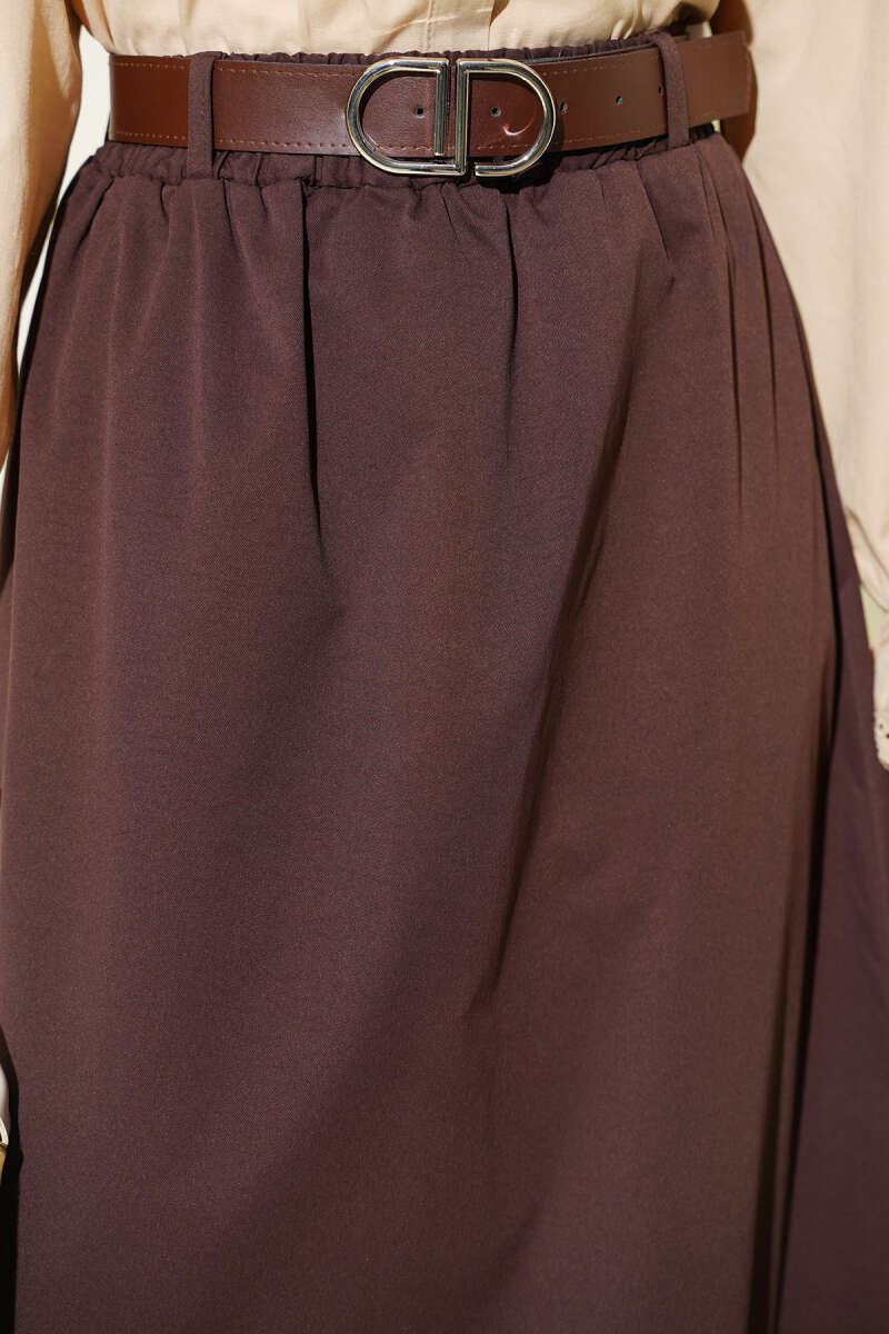 Belted Flared Skirt with Elastic Waist and Buckle - Brown