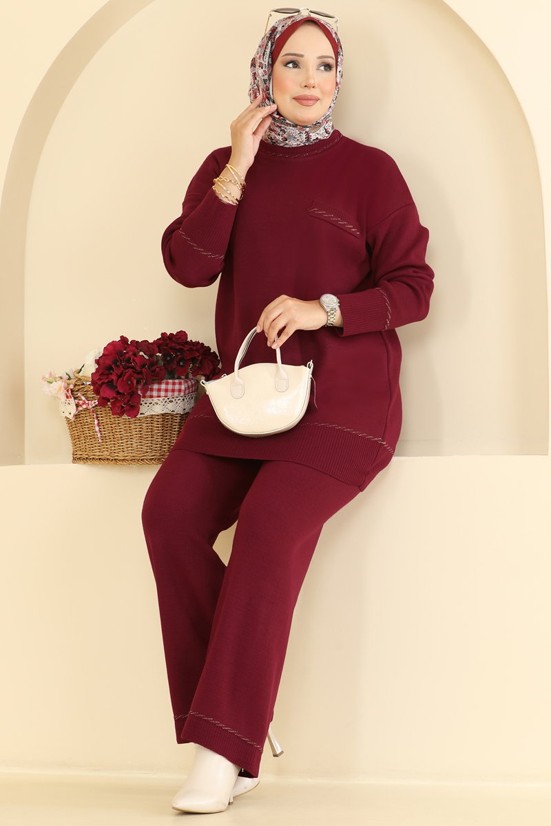 Knit Set with Decorative Pockets - Burgundy