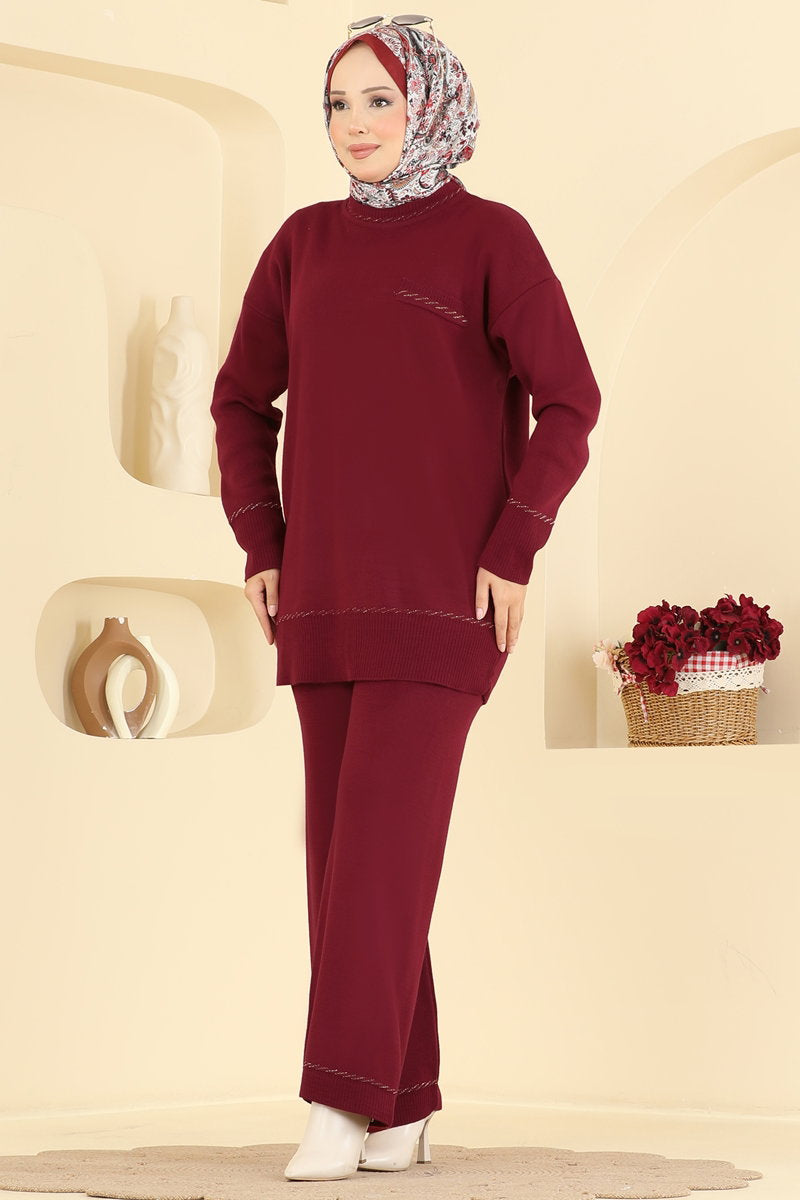 Knit Set with Decorative Pockets - Burgundy