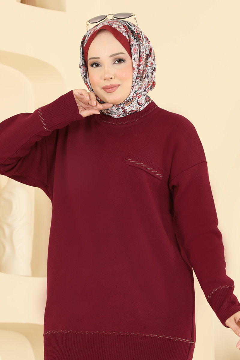 Knit Set with Decorative Pockets - Burgundy