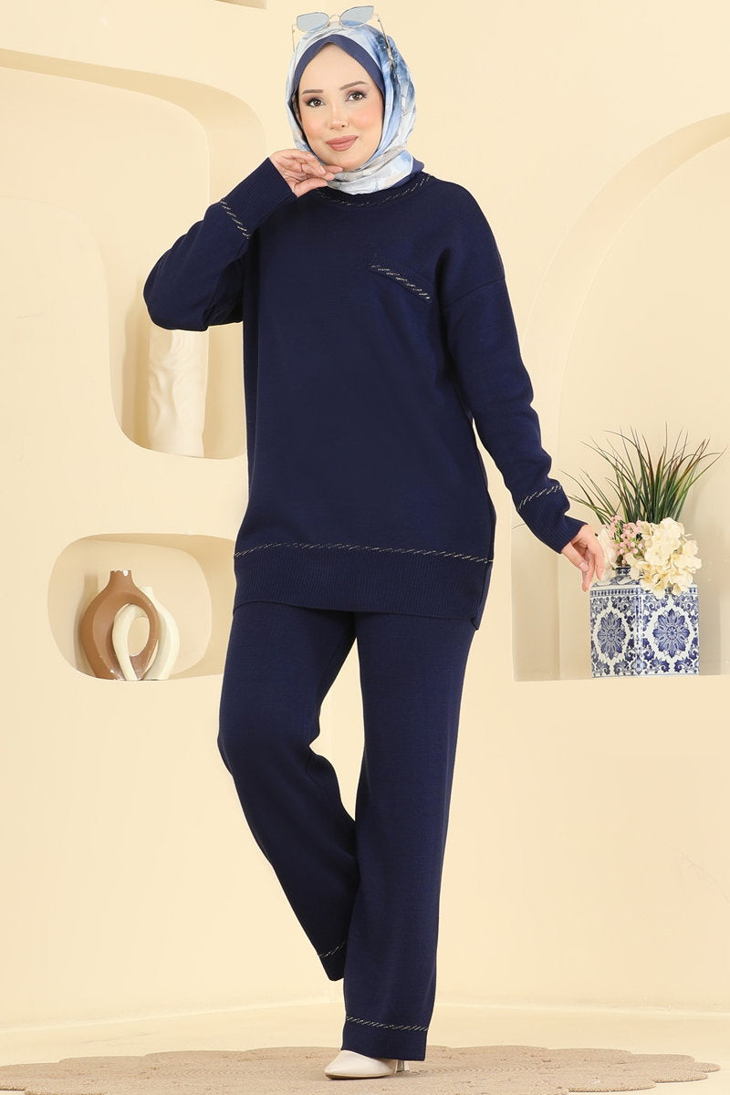 Knit Set with Decorative Pockets - Navy