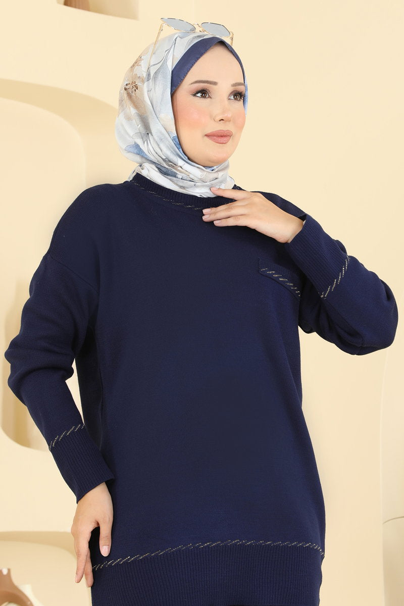 Knit Set with Decorative Pockets - Navy