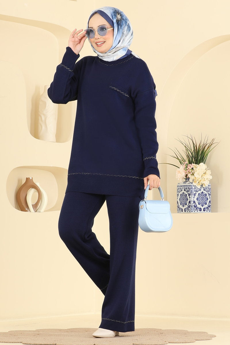 Knit Set with Decorative Pockets - Navy