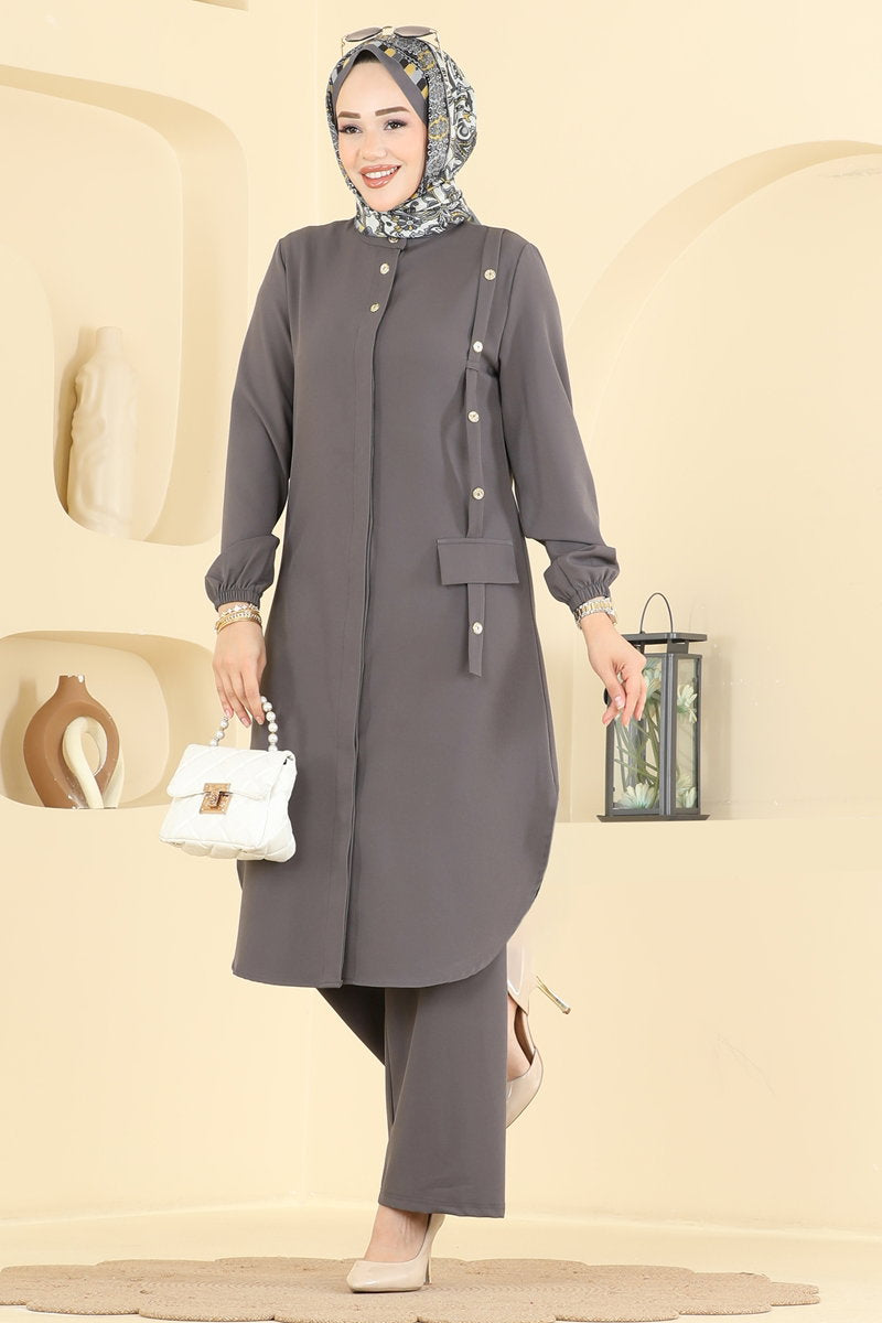 Double Knit Two-Piece Set with Pocket Trim - Charcoal