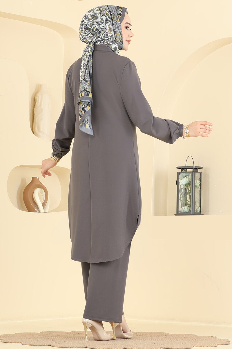 Double Knit Two-Piece Set with Pocket Trim - Charcoal