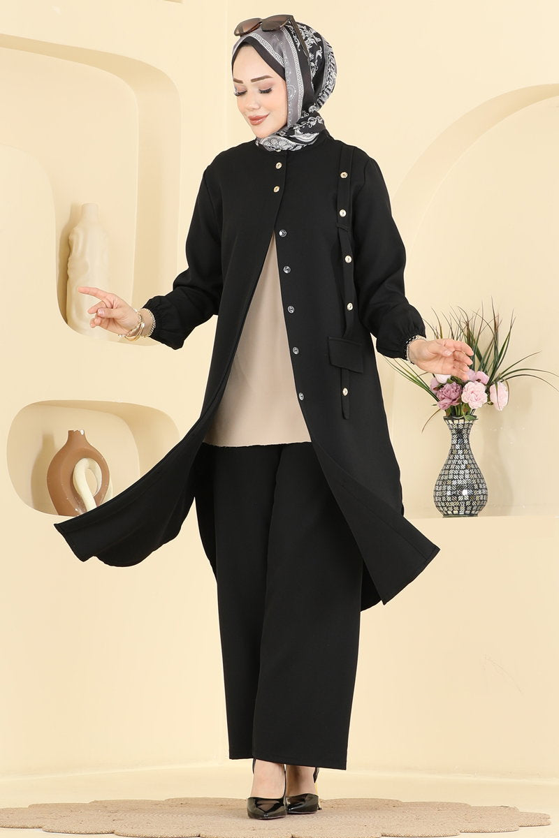 Double Knit Two-Piece Set with Pocket Trim - Black