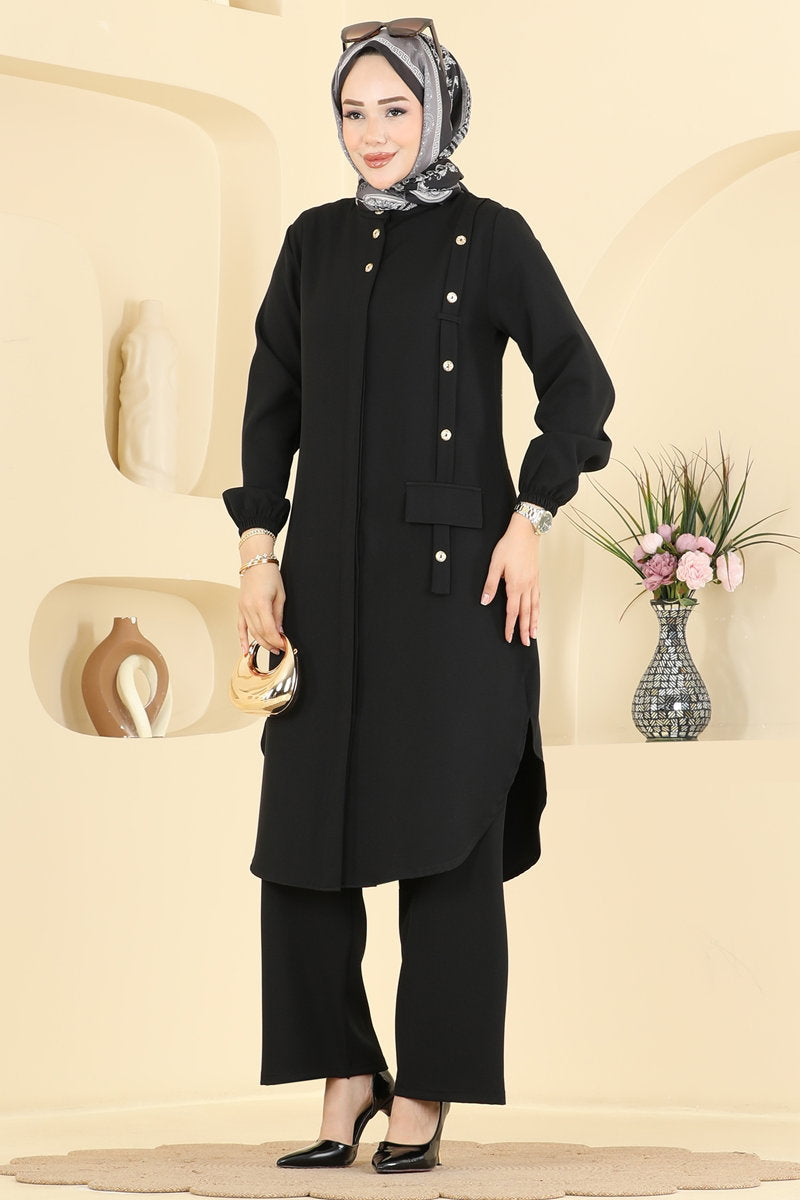 Double Knit Two-Piece Set with Pocket Trim - Black