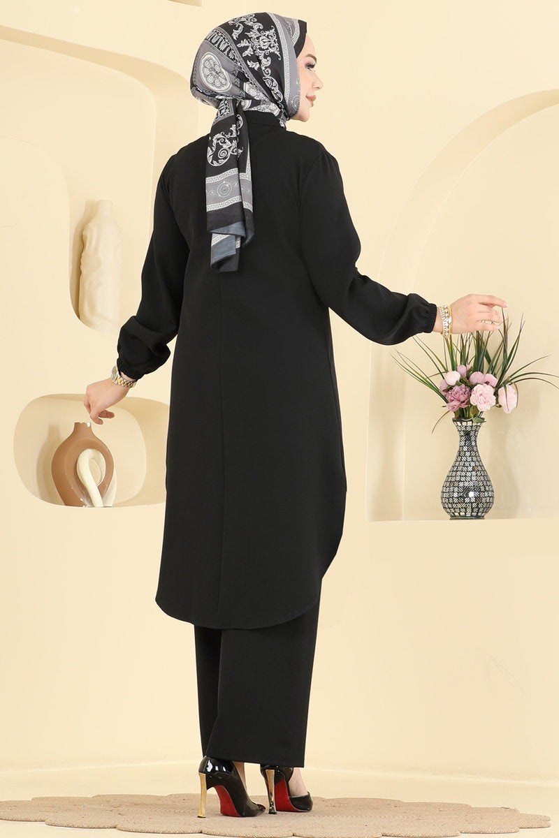 Double Knit Two-Piece Set with Pocket Trim - Black