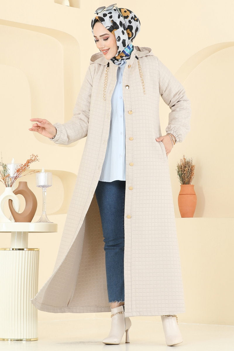 Quilted Abaya Coat with Trim Detail - Stone