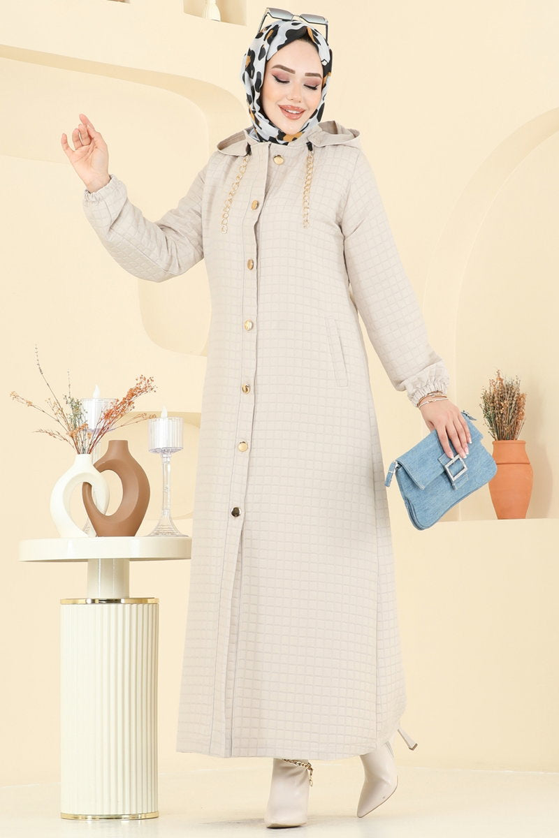 Quilted Abaya Coat with Trim Detail - Stone