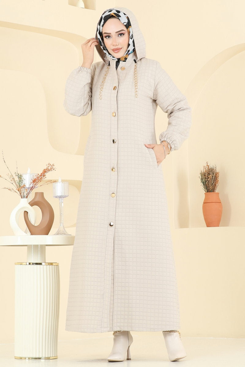 Quilted Abaya Coat with Trim Detail - Stone
