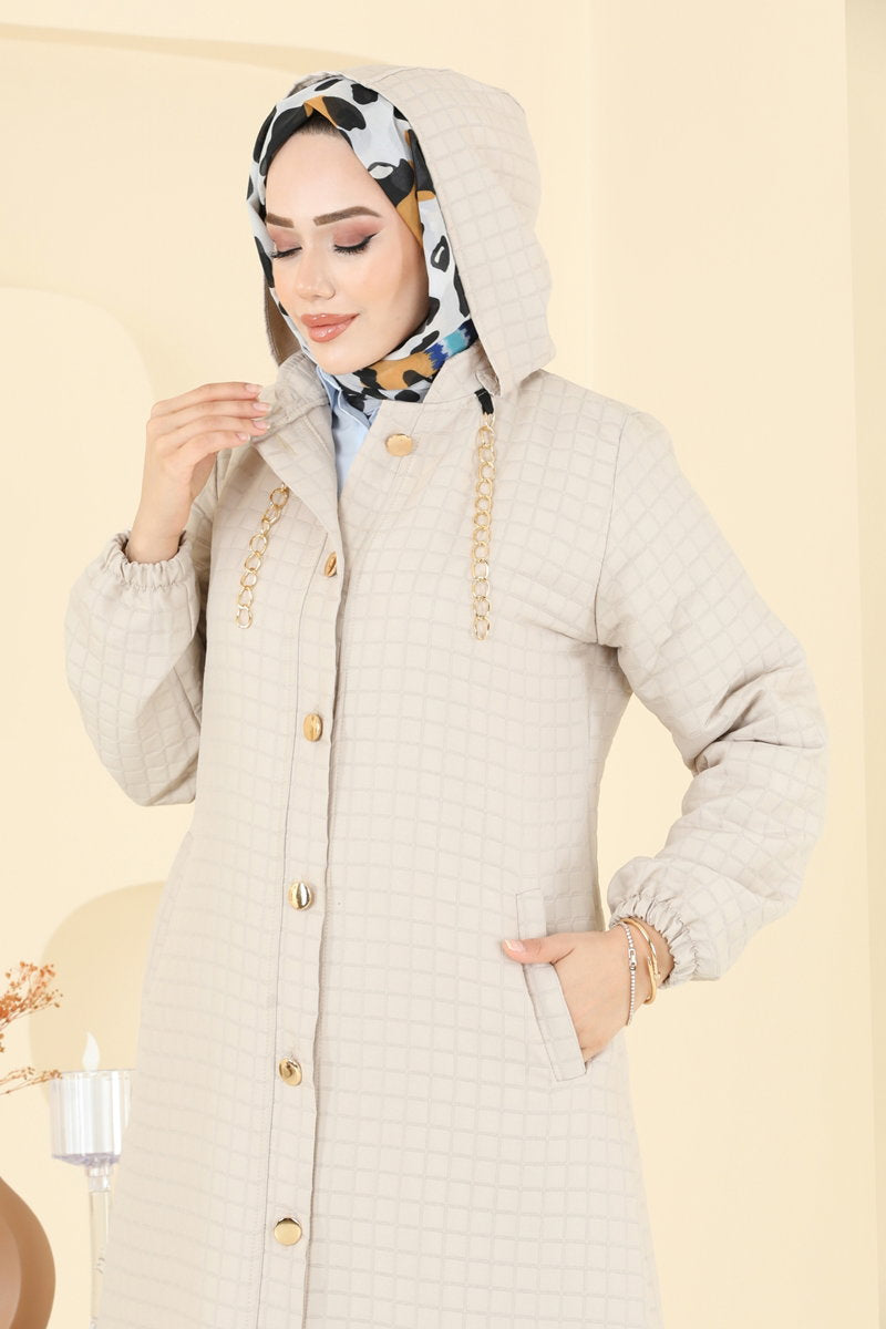 Quilted Abaya Coat with Trim Detail - Stone
