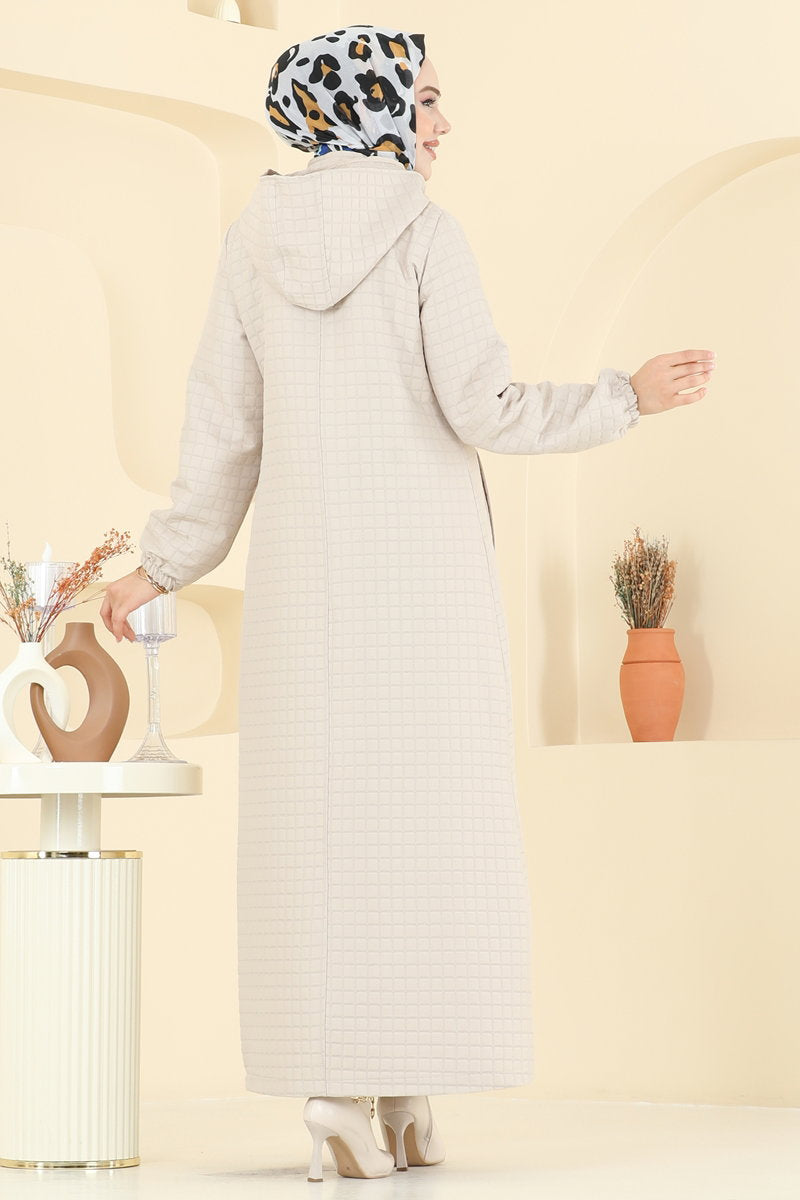 Quilted Abaya Coat with Trim Detail - Stone