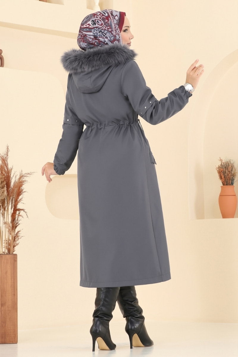 Fur-Trim Coat with Hardware Detail - Charcoal