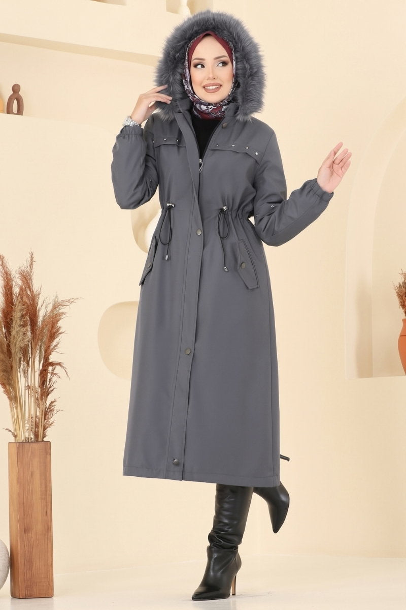 Fur-Trim Coat with Hardware Detail - Charcoal