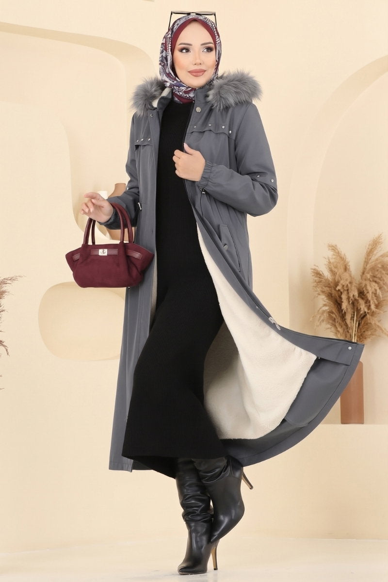 Fur-Trim Coat with Hardware Detail - Charcoal