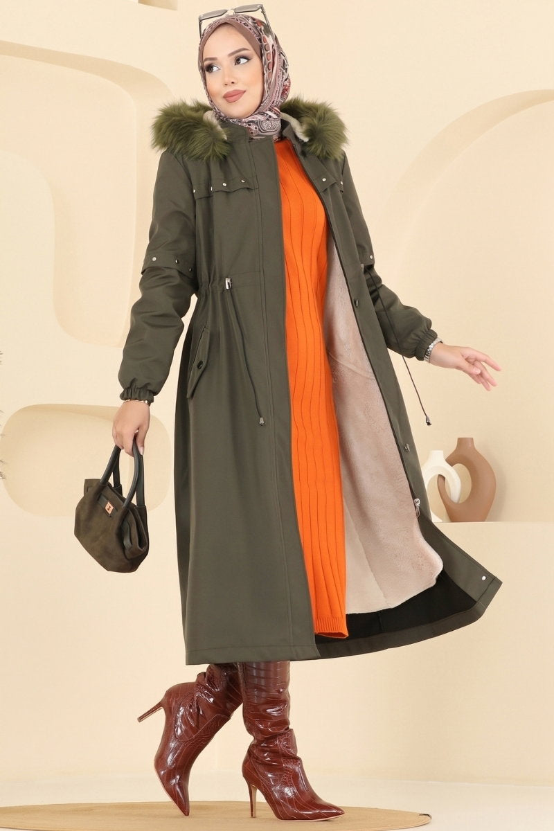 Fur-Trim Coat with Hardware Detail - Khaki