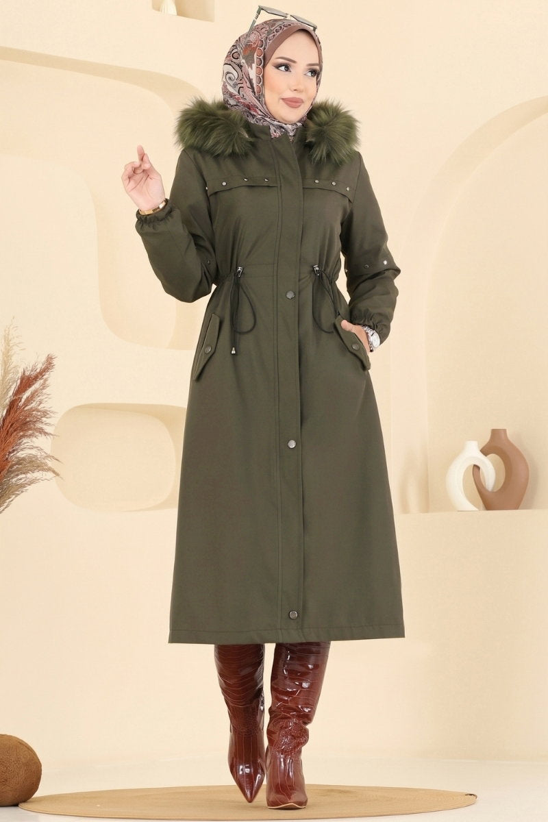 Fur-Trim Coat with Hardware Detail - Khaki