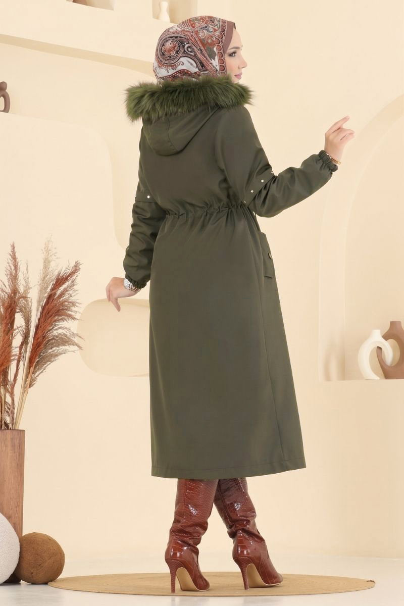 Fur-Trim Coat with Hardware Detail - Khaki