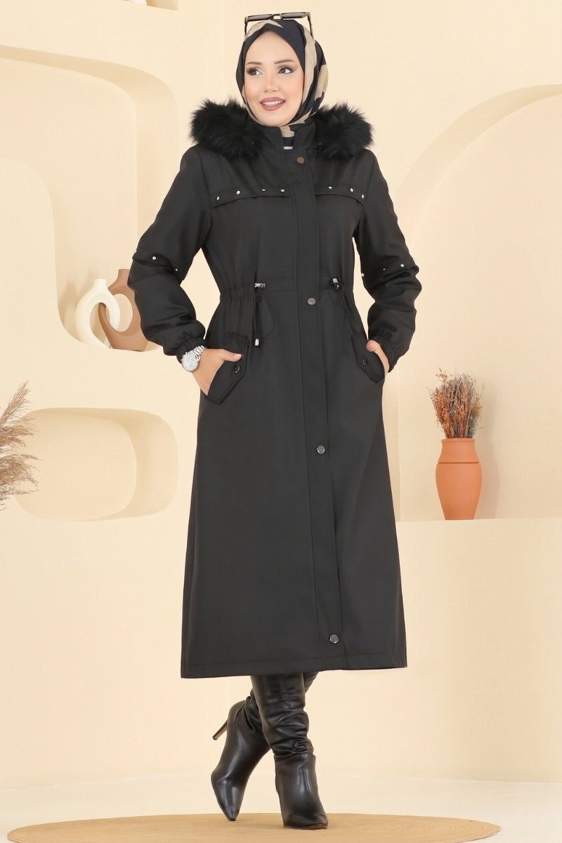 Fur-Trim Coat with Hardware Detail - Black