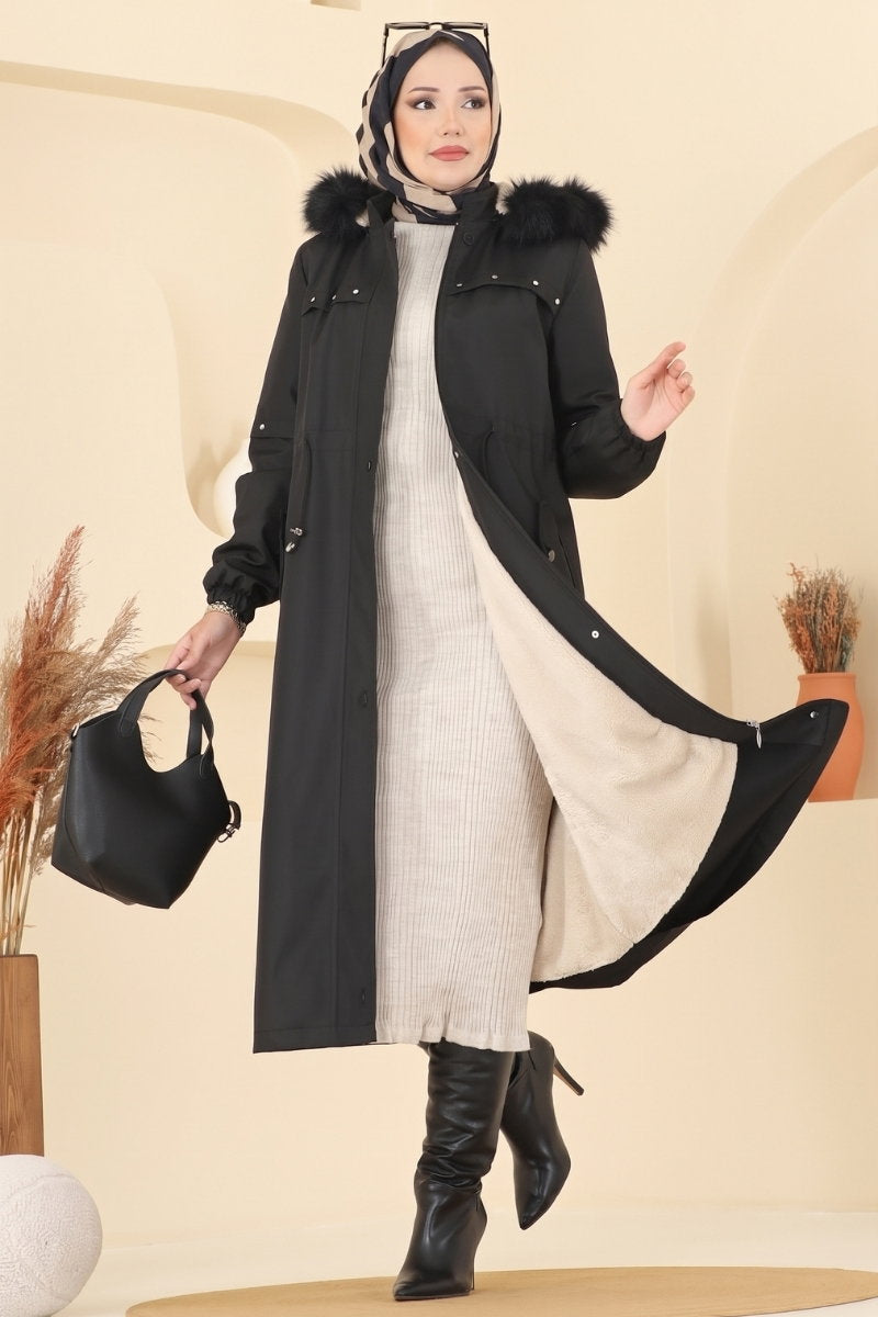 Fur-Trim Coat with Hardware Detail - Black