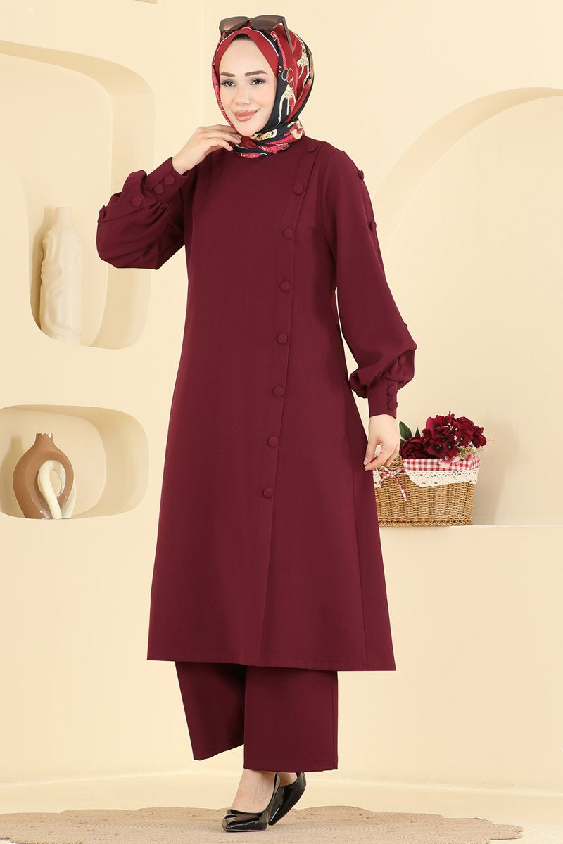 Double Knit Two-Piece Set with Decorative Buttons - Burgundy