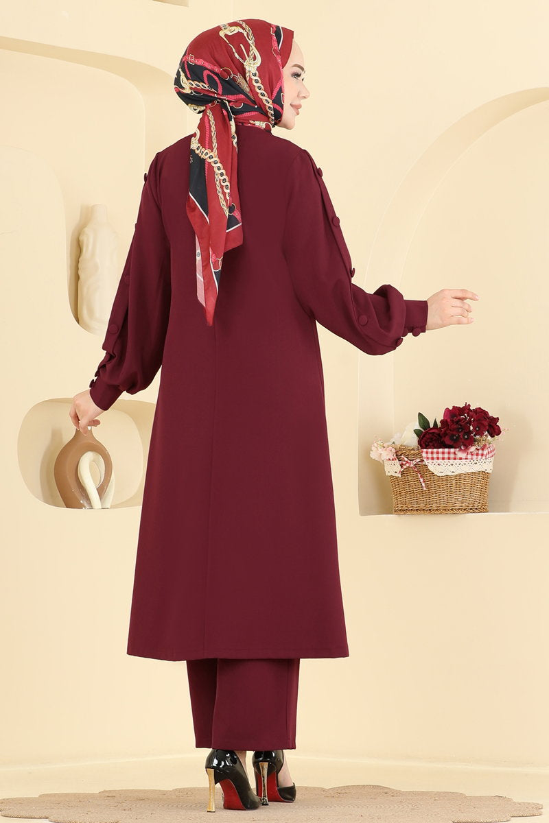 Double Knit Two-Piece Set with Decorative Buttons - Burgundy