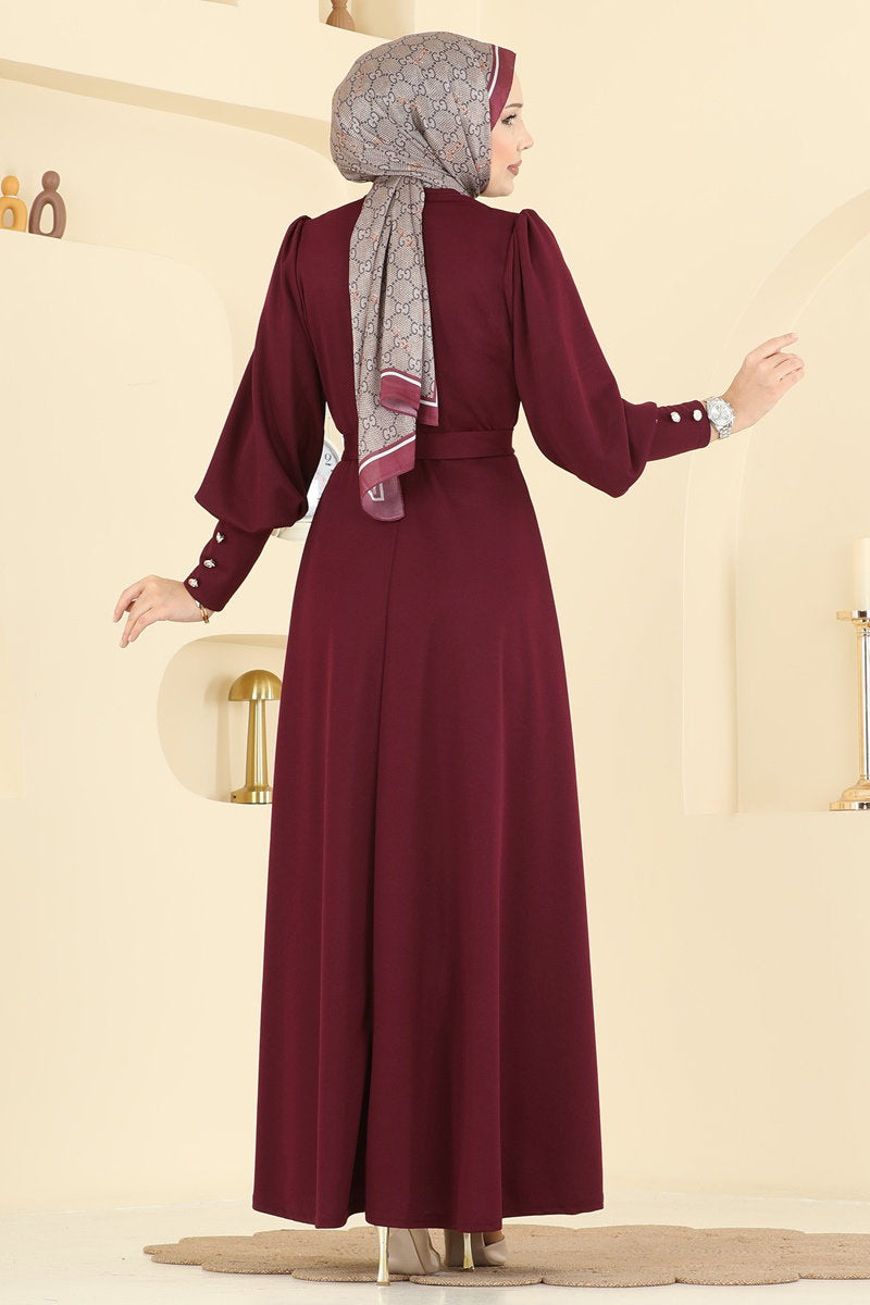 Crepe Knit Dress with Decorative Buttons - Burgundy