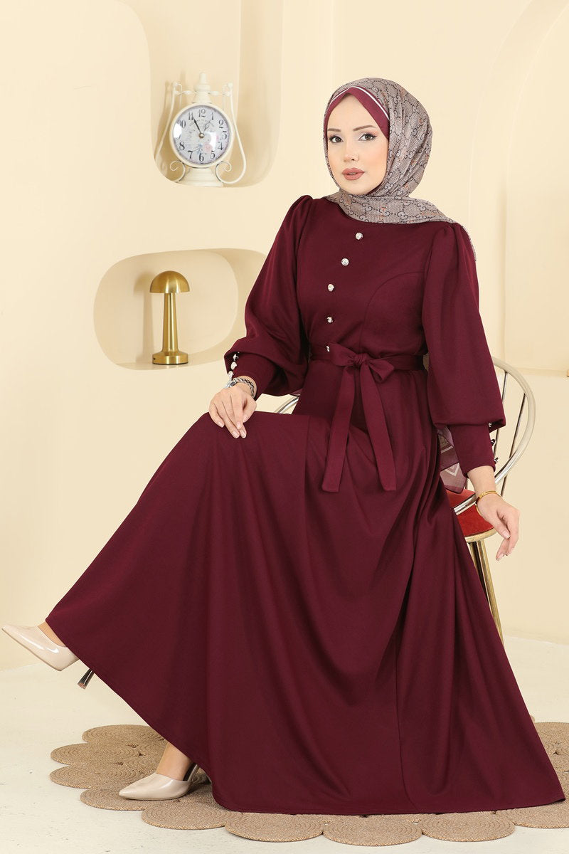 Crepe Knit Dress with Decorative Buttons - Burgundy