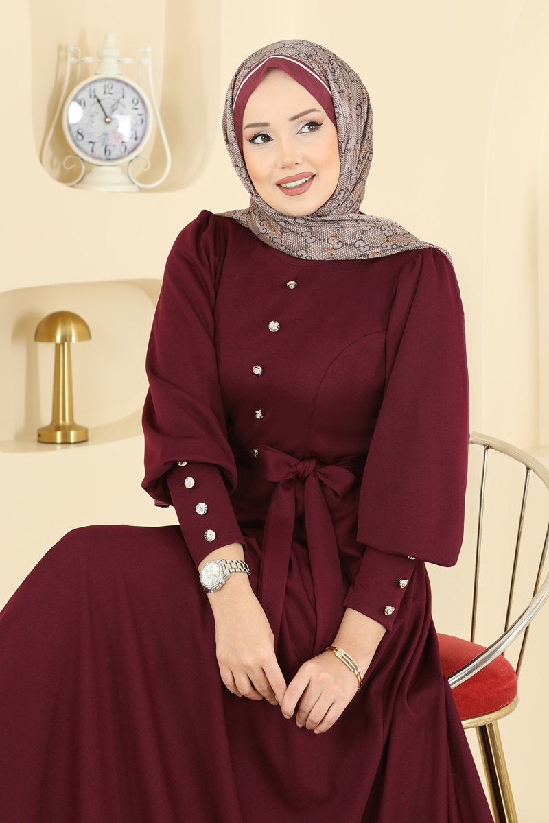 Crepe Knit Dress with Decorative Buttons - Burgundy