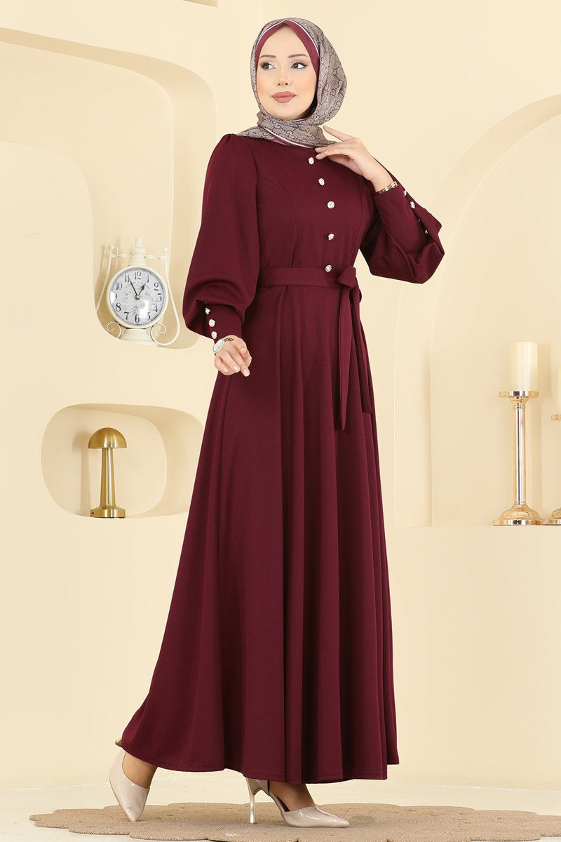 Crepe Knit Dress with Decorative Buttons - Burgundy