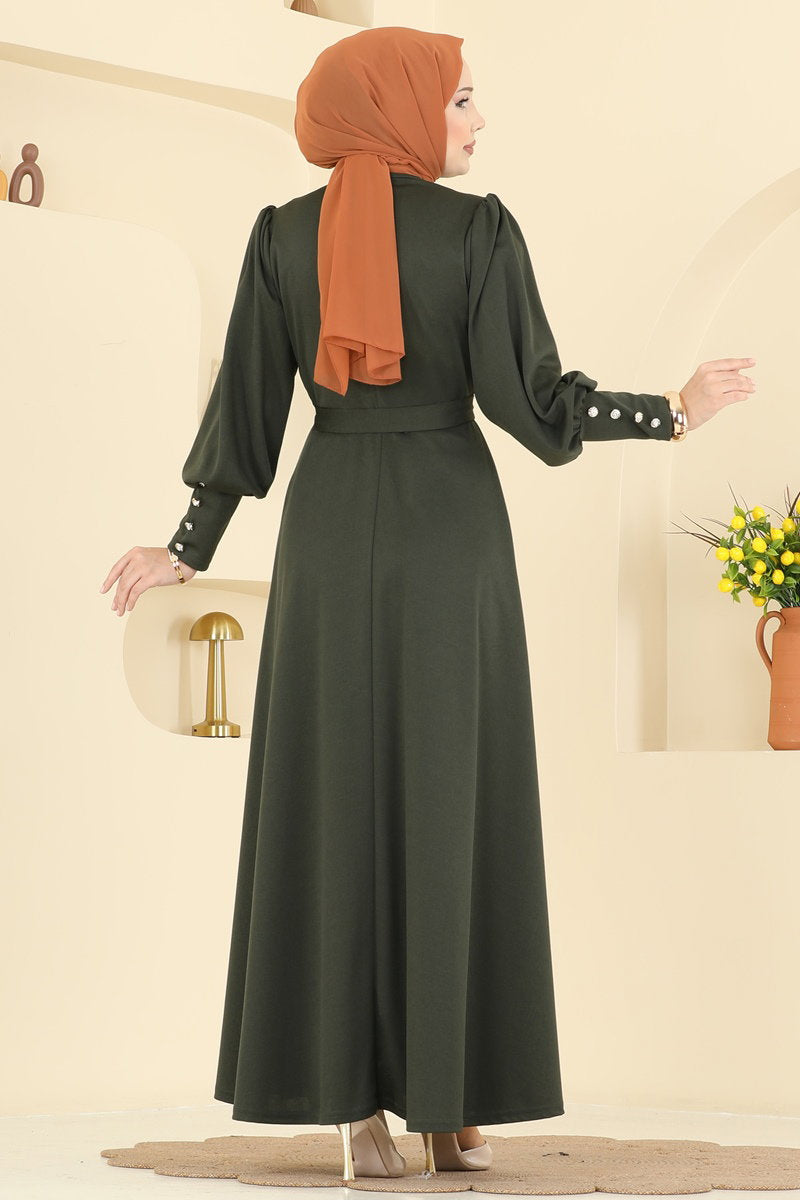 Crepe Knit Dress with Decorative Buttons - Khaki