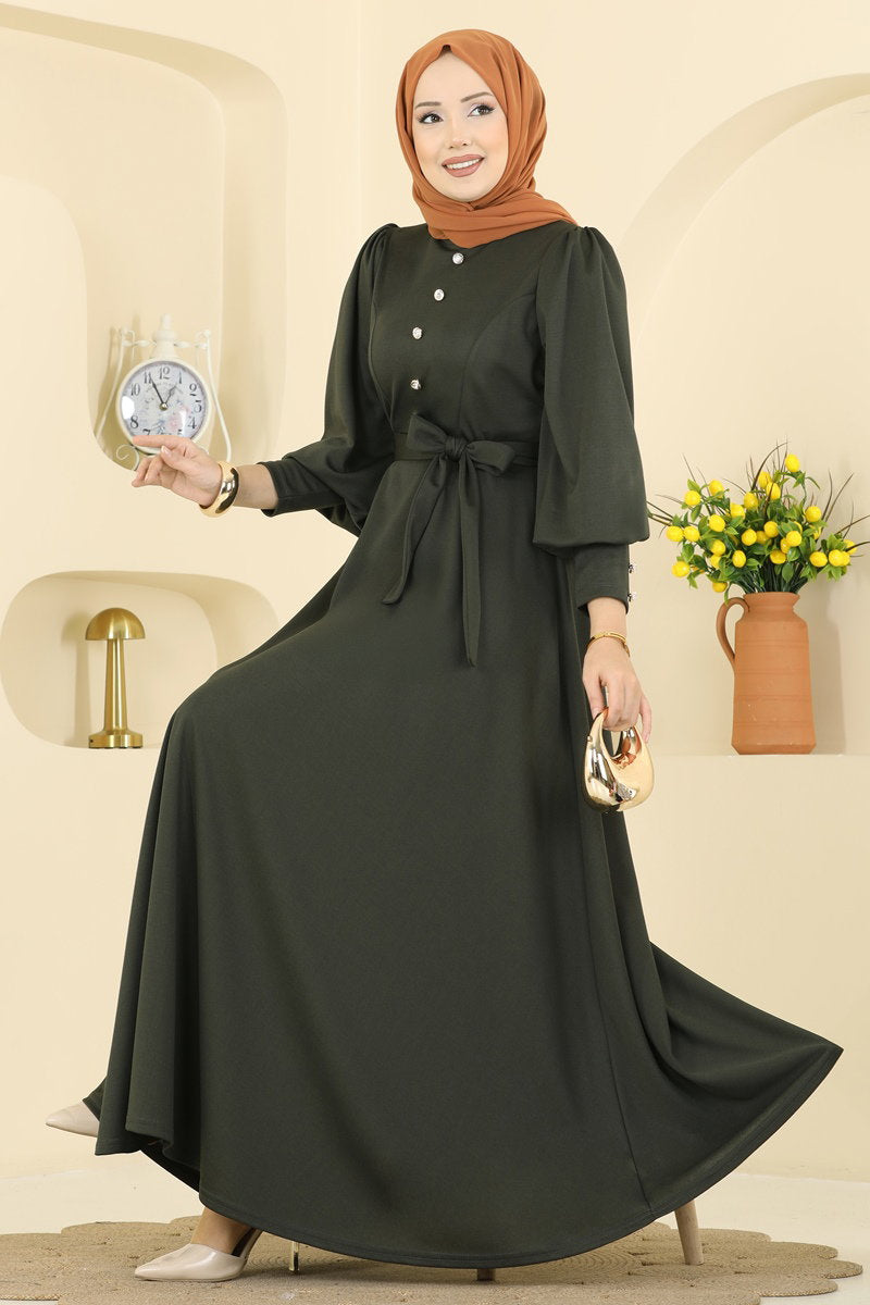 Crepe Knit Dress with Decorative Buttons - Khaki