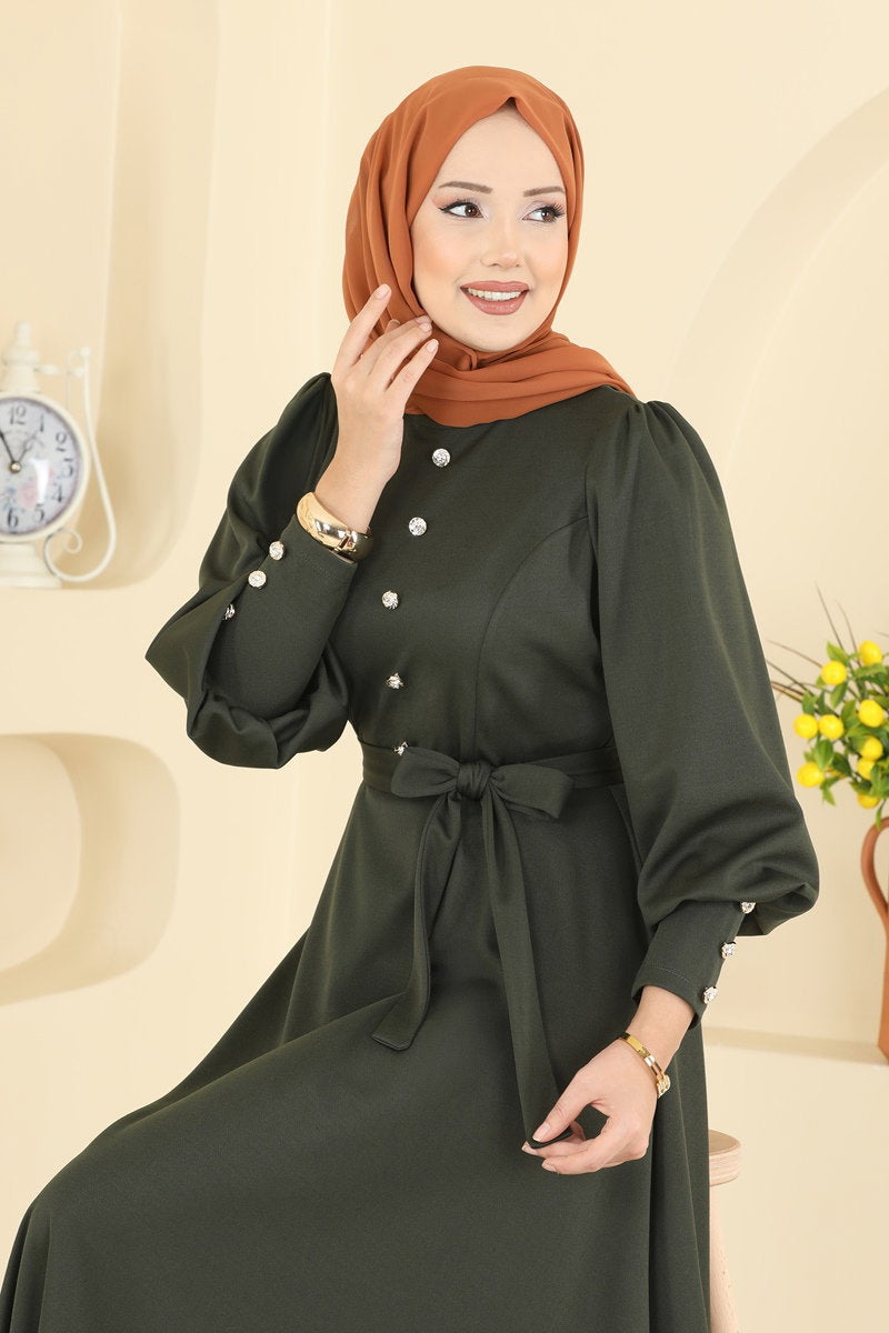 Crepe Knit Dress with Decorative Buttons - Khaki