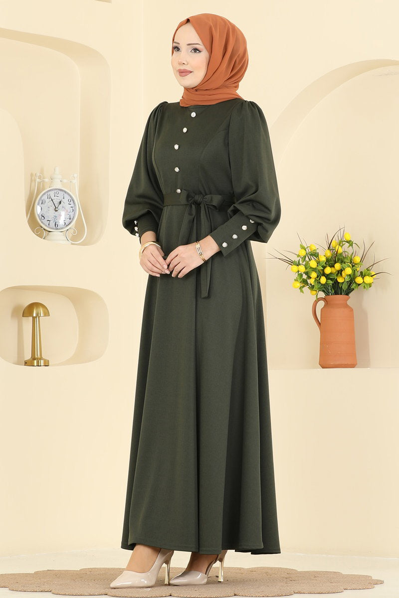 Crepe Knit Dress with Decorative Buttons - Khaki
