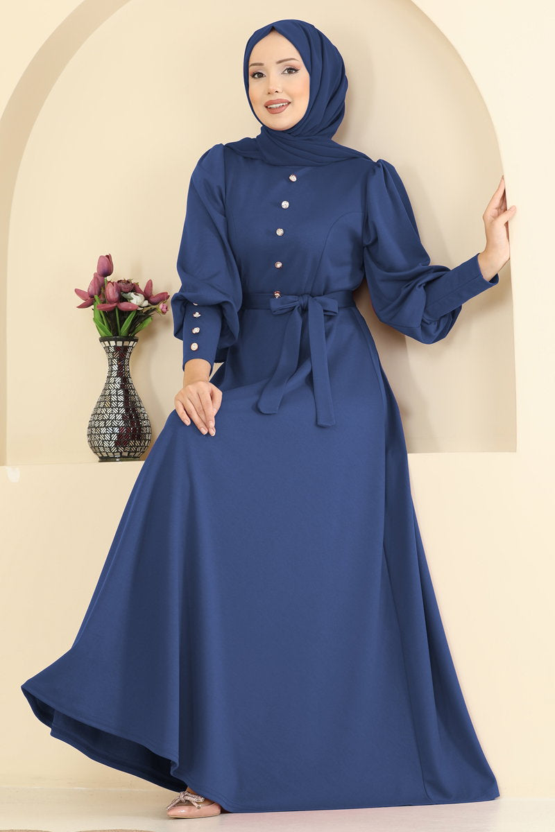Crepe Knit Dress with Decorative Buttons - Indigo