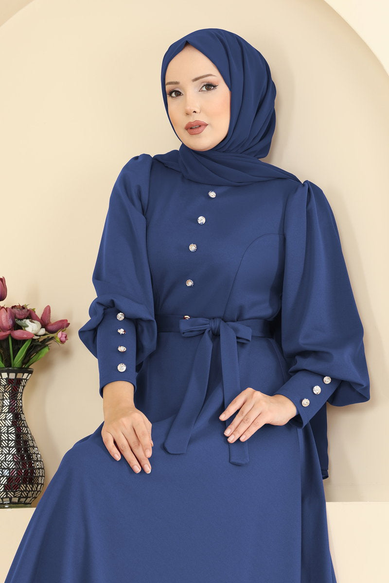 Crepe Knit Dress with Decorative Buttons - Indigo