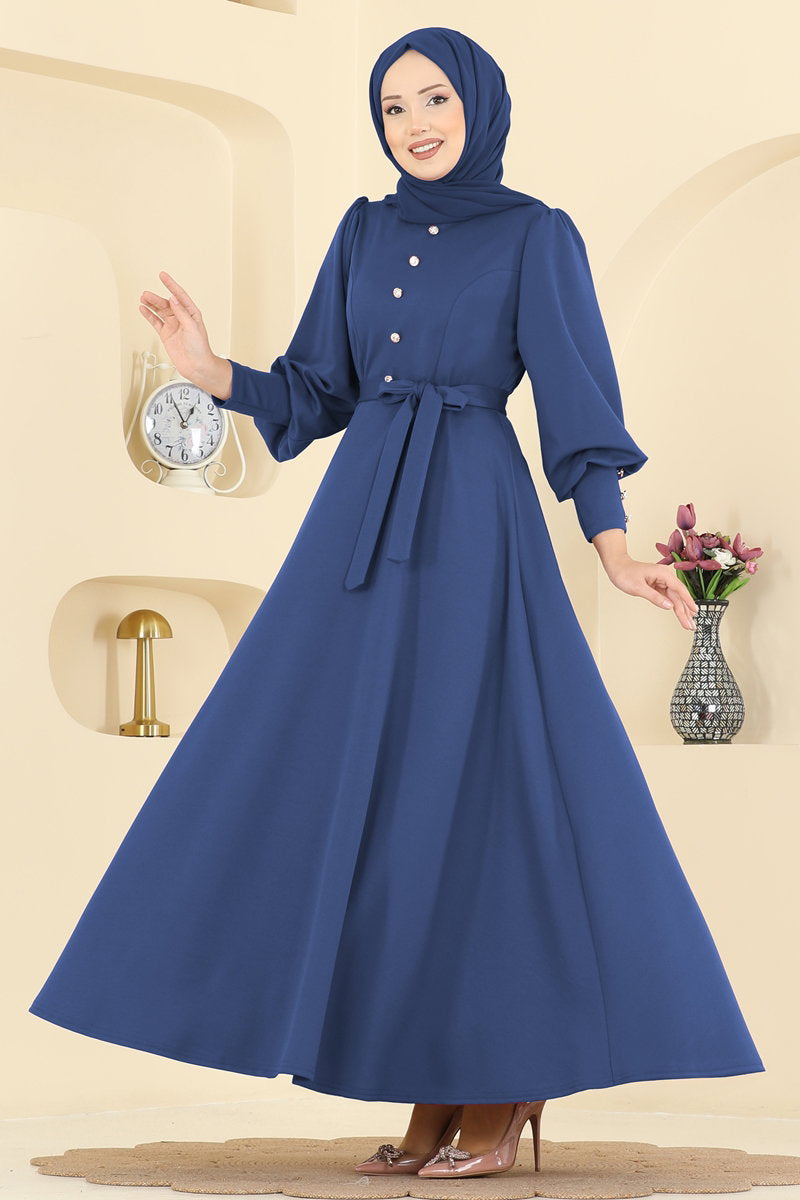 Crepe Knit Dress with Decorative Buttons - Indigo