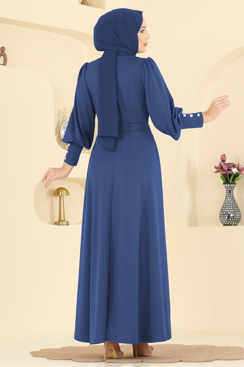Crepe Knit Dress with Decorative Buttons - Indigo