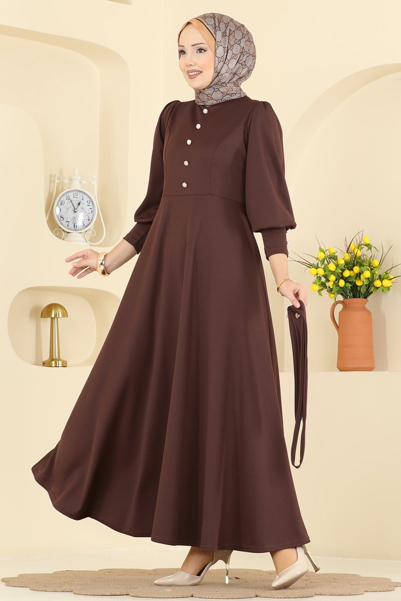 Crepe Knit Dress with Decorative Buttons - Brown
