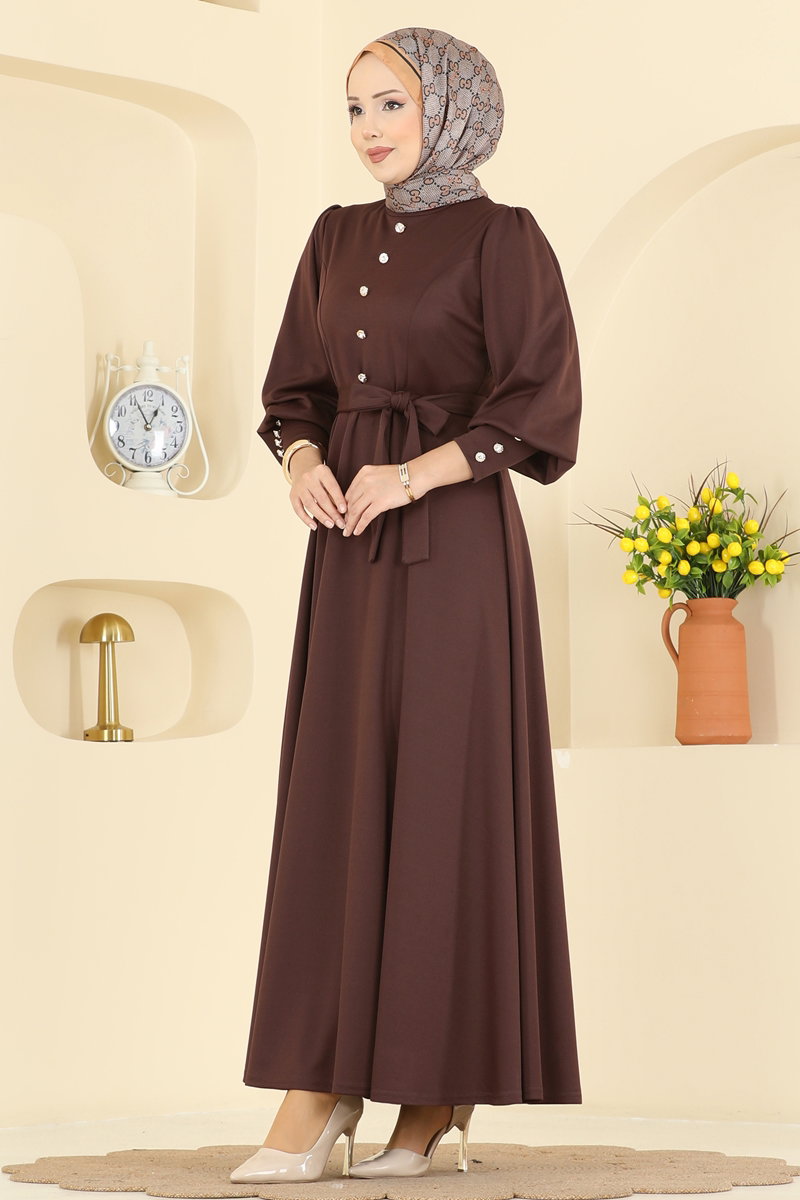 Crepe Knit Dress with Decorative Buttons - Brown