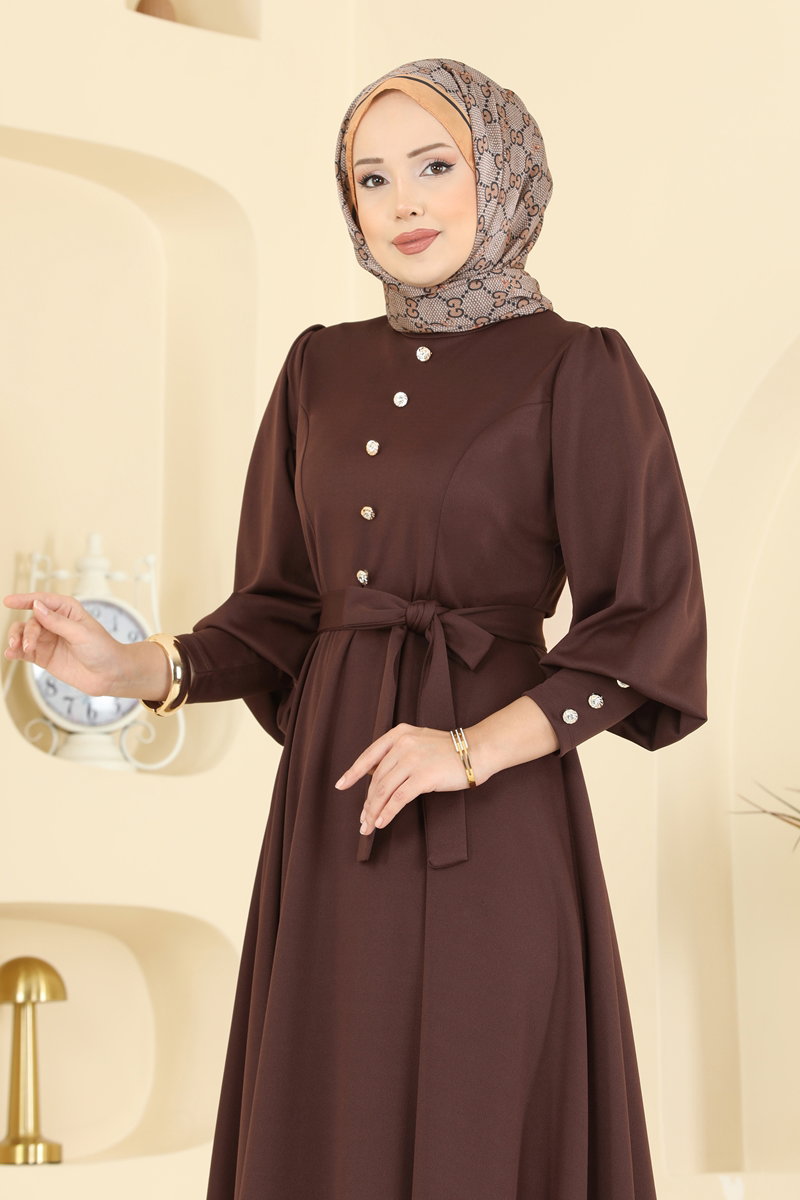 Crepe Knit Dress with Decorative Buttons - Brown